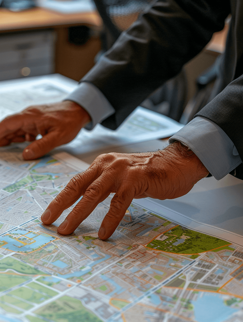 Servidor público apontando para mapa territorial