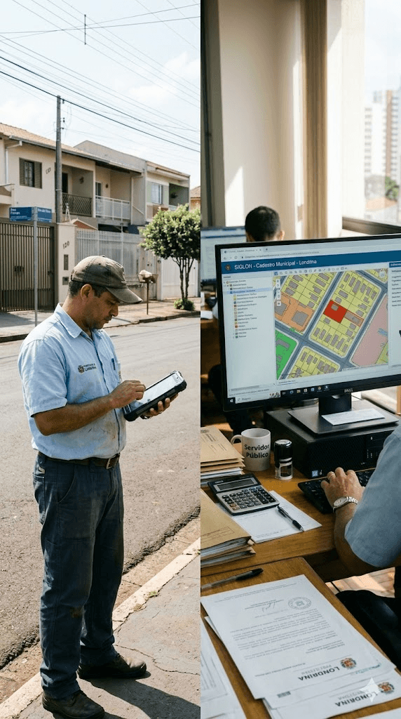 Agente de campo registrando dados e servidor analisando cadastro