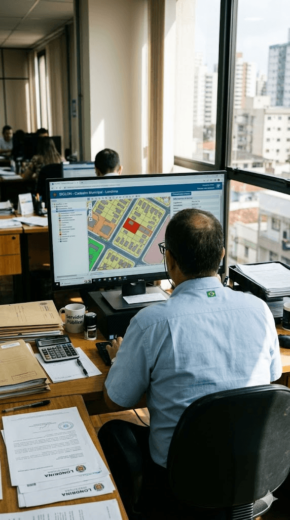 Servidor público analisando cadastro municipal em sistema