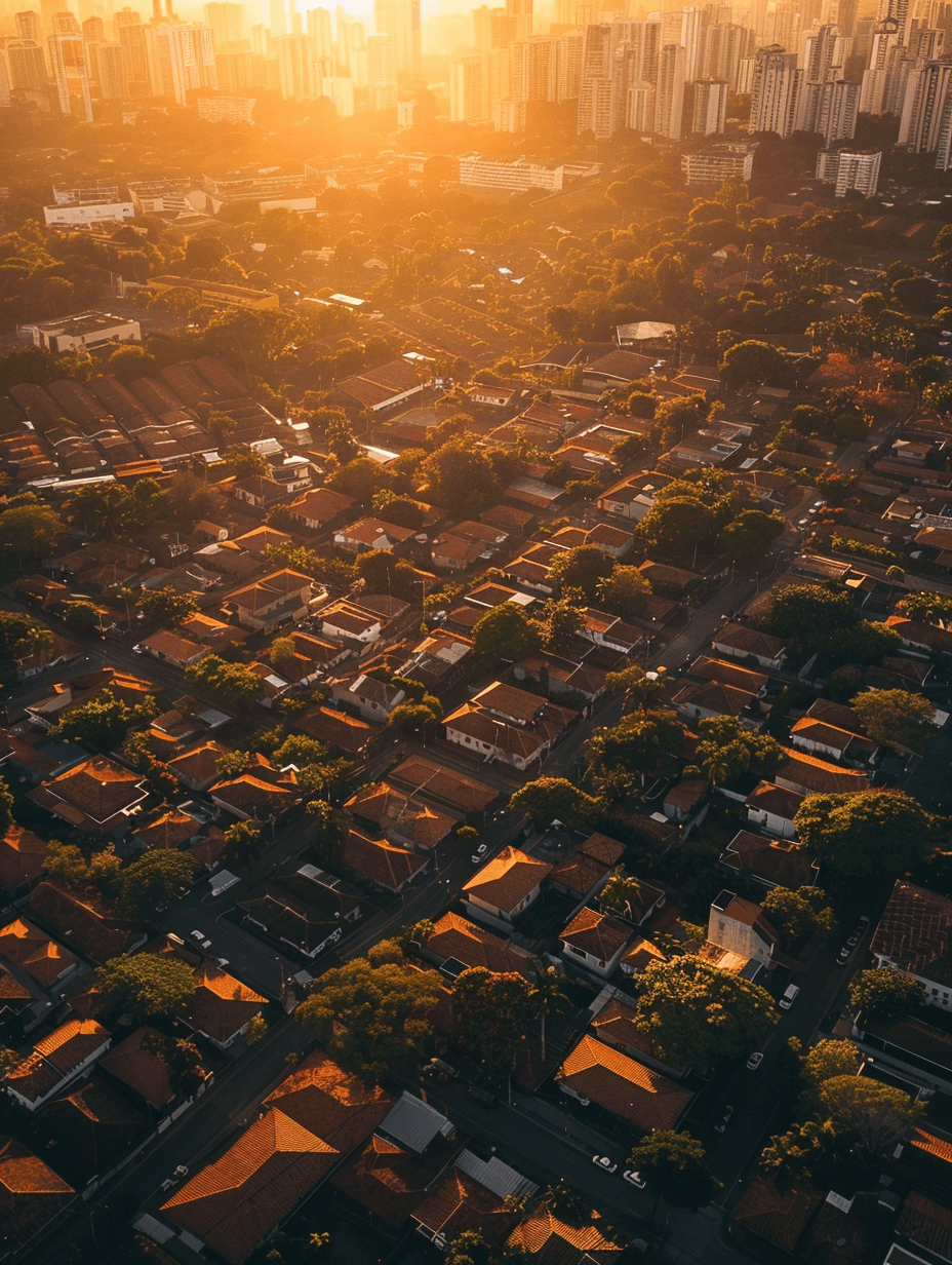 Vista aérea de cidade ao pôr do sol