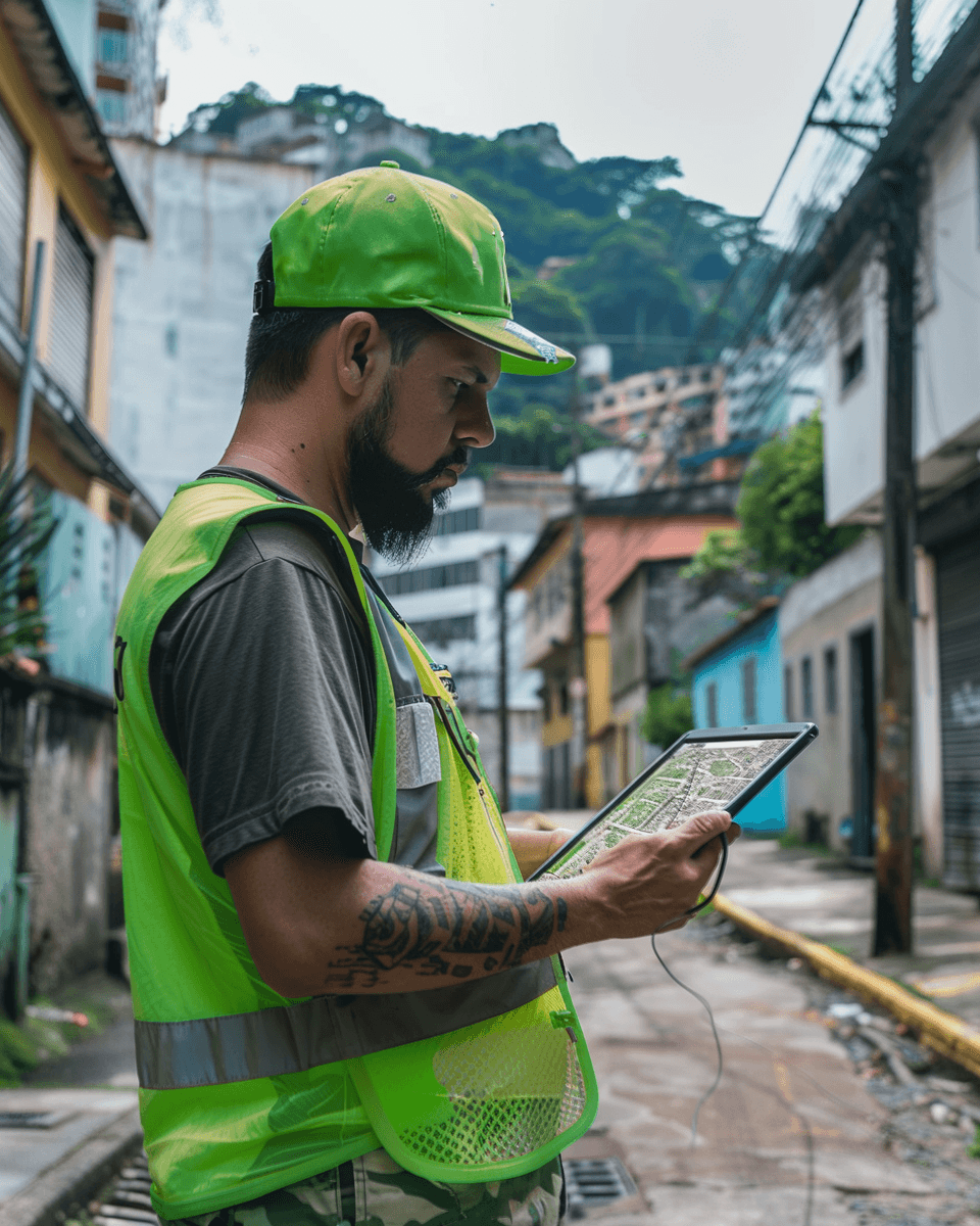 Agente de campo com tablet coletando dados territoriais