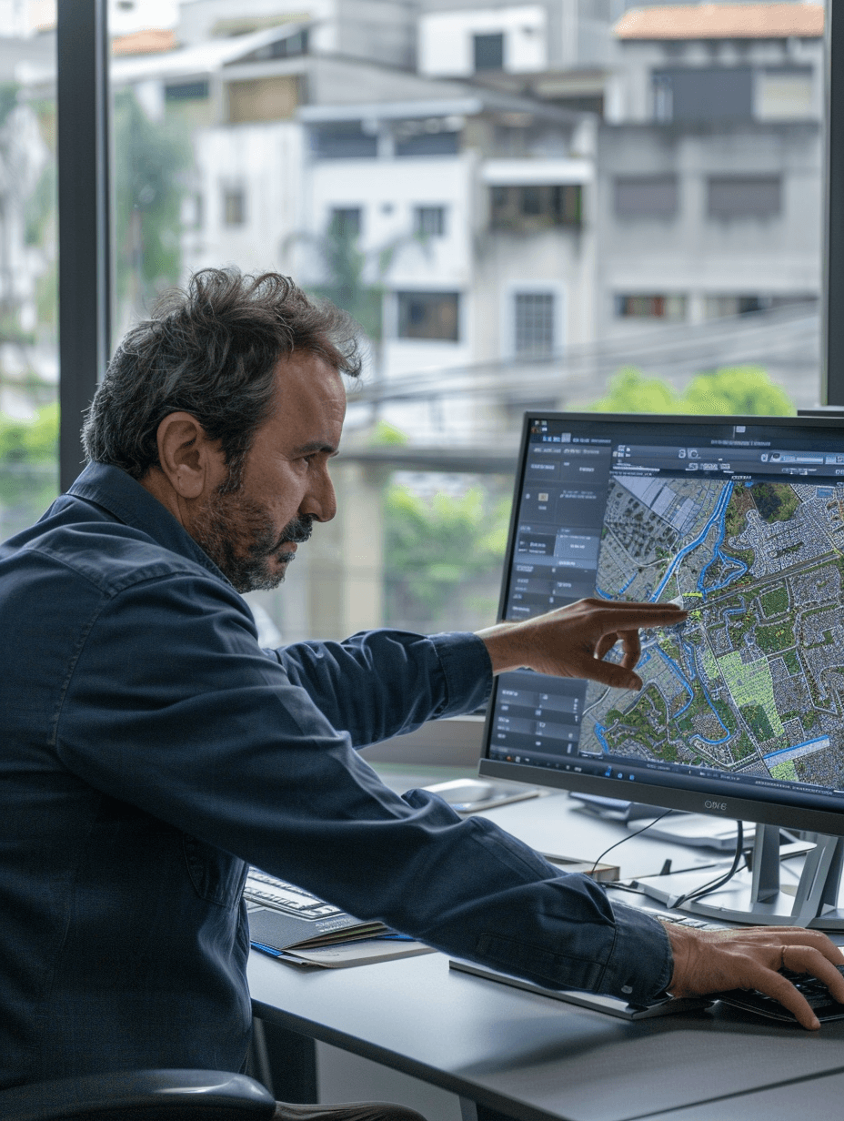 Servidor público analisando mapa territorial em monitor